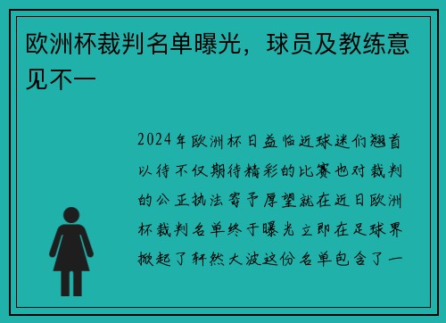 欧洲杯裁判名单曝光，球员及教练意见不一